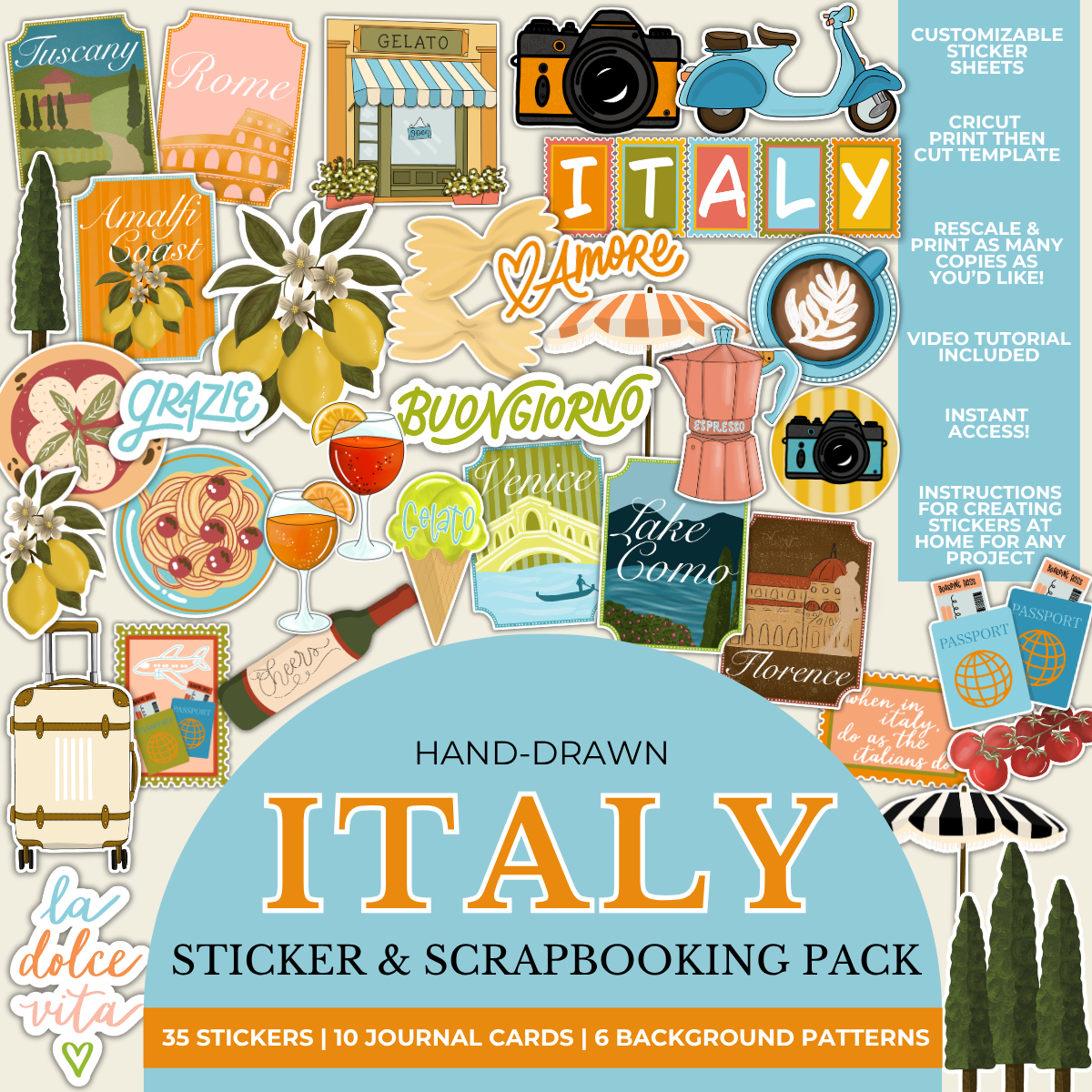 Italy Sticker & Scrapbooking Pack | Digital Download | 35 Hand-Drawn Stickers, 10 Journal Cards, and 5 Background Patterns
