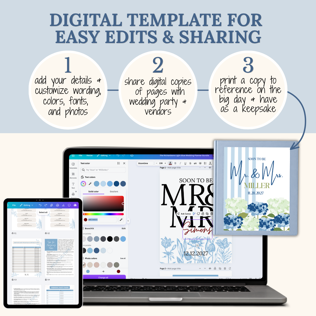 Ultimate Wedding Planning Binder Template- Hydrangeas & Stripes (Coastal Blue)