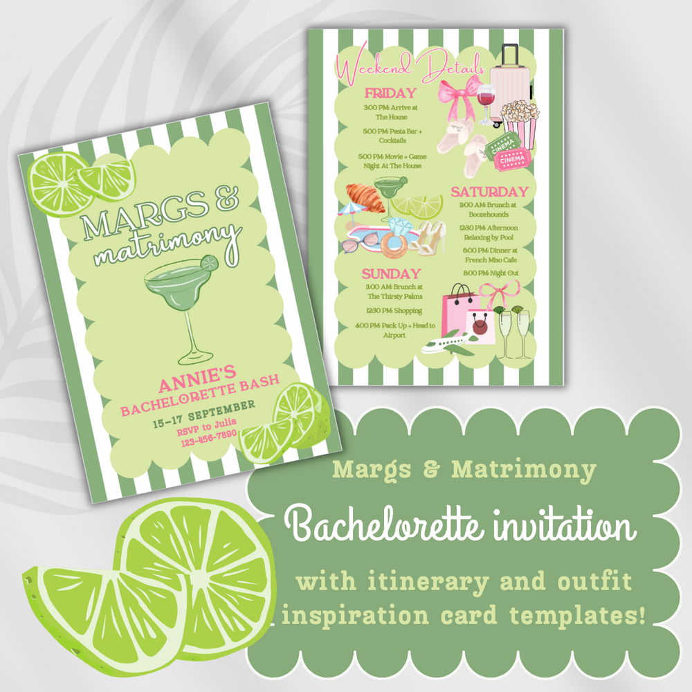 Margs and Matrimony Bachelorette Invitation with Itinerary and Outfit Inspiration Templates
