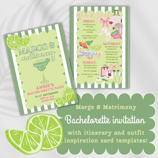 Margs and Matrimony Bachelorette Invitation with Itinerary and Outfit Inspiration Templates