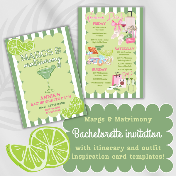 Margs and Matrimony Bachelorette Invitation with Itinerary and Outfit Inspiration Templates