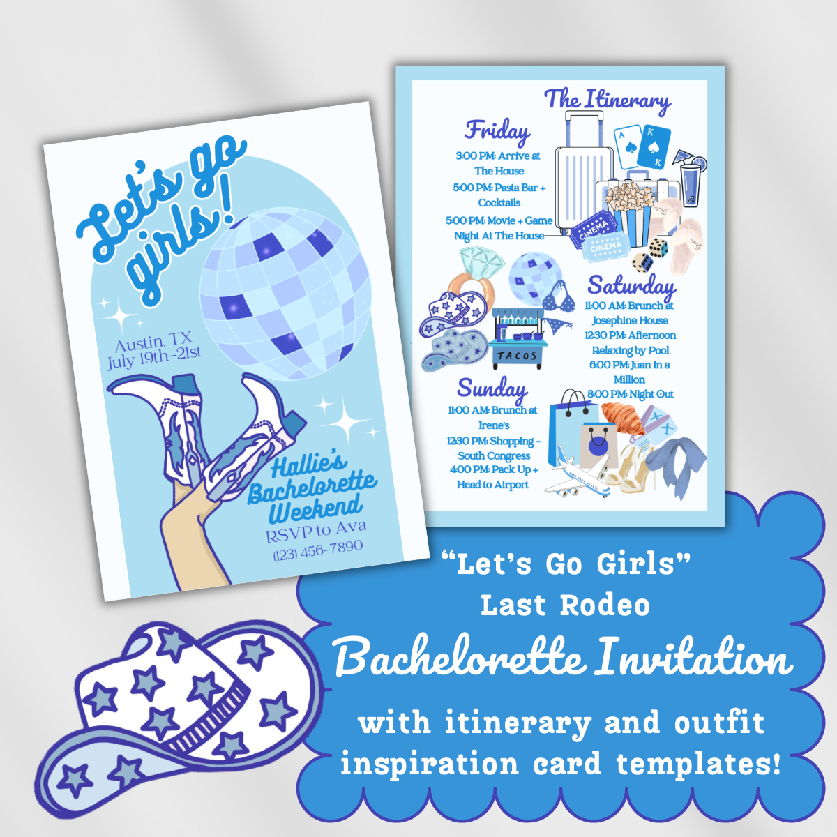 Let's Go Girls | Last Rodeo | Cowgirl  | Blue Bachelorette Invitation with Itinerary and Outfit Inspiration Templates