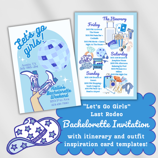 Let's Go Girls | Last Rodeo | Cowgirl  | Blue Bachelorette Invitation with Itinerary and Outfit Inspiration Templates