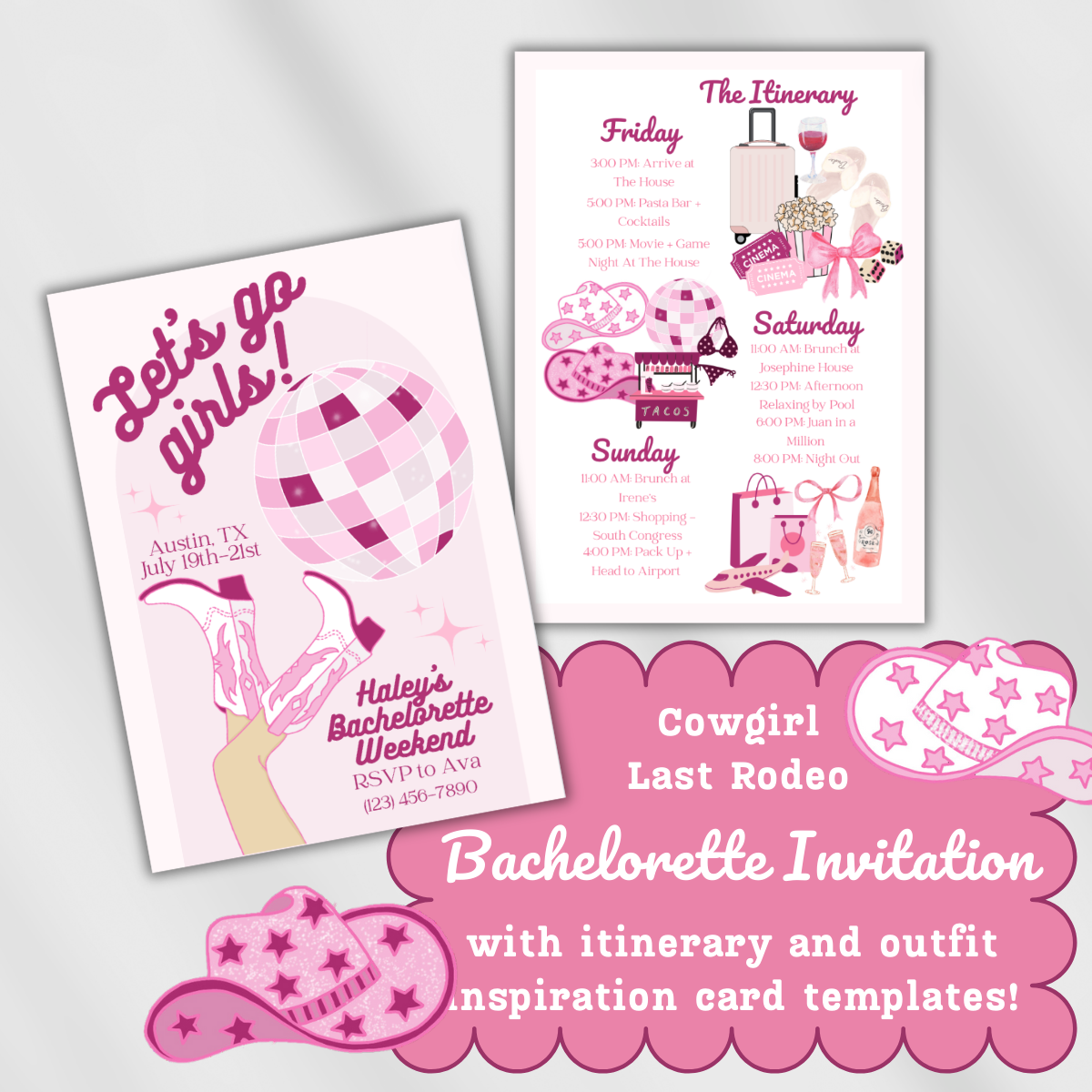 Let's Go Girls | Last Rodeo | Cowgirl  | Bachelorette Invitation with Itinerary and Outfit Inspiration Templates