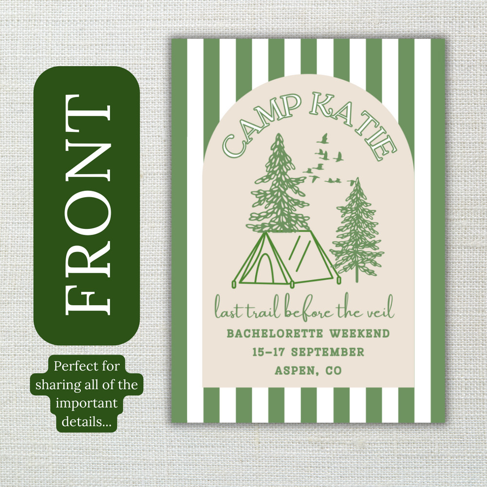 Camp Bachelorette Invitation- last trail before the veil- with Itinerary and Outfit Inspiration Templates