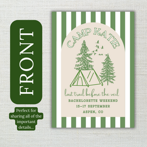 Camp Bachelorette Invitation- last trail before the veil- with Itinerary and Outfit Inspiration Templates
