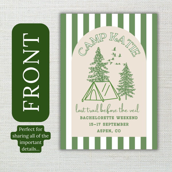 Camp Bachelorette Invitation- last trail before the veil- with Itinerary and Outfit Inspiration Templates