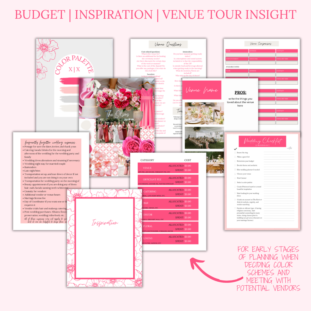 Ultimate Wedding Planning Binder Template- Bright Pink Floral