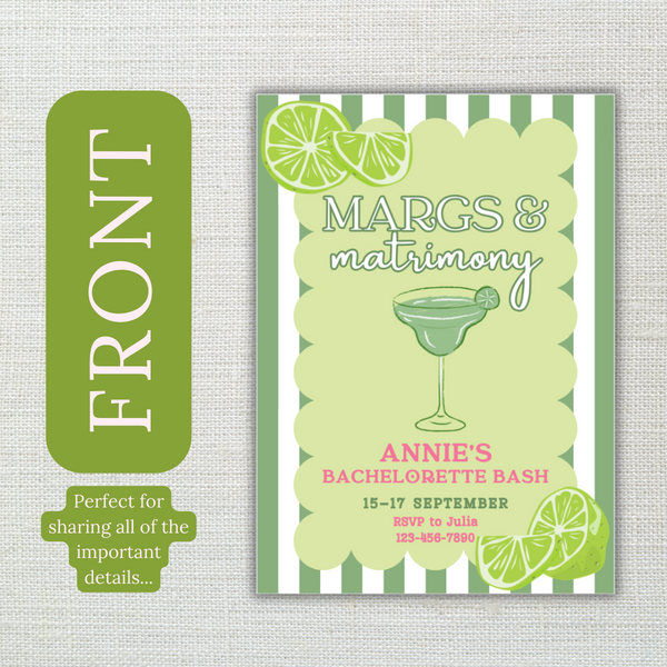 Margs and Matrimony Bachelorette Invitation with Itinerary and Outfit Inspiration Templates