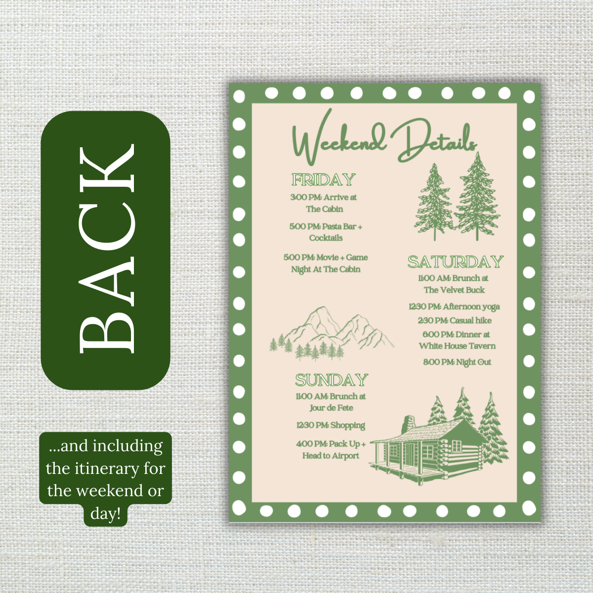 Camp Bachelorette Invitation- last trail before the veil- with Itinerary and Outfit Inspiration Templates