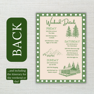 Camp Bachelorette Invitation- last trail before the veil- with Itinerary and Outfit Inspiration Templates
