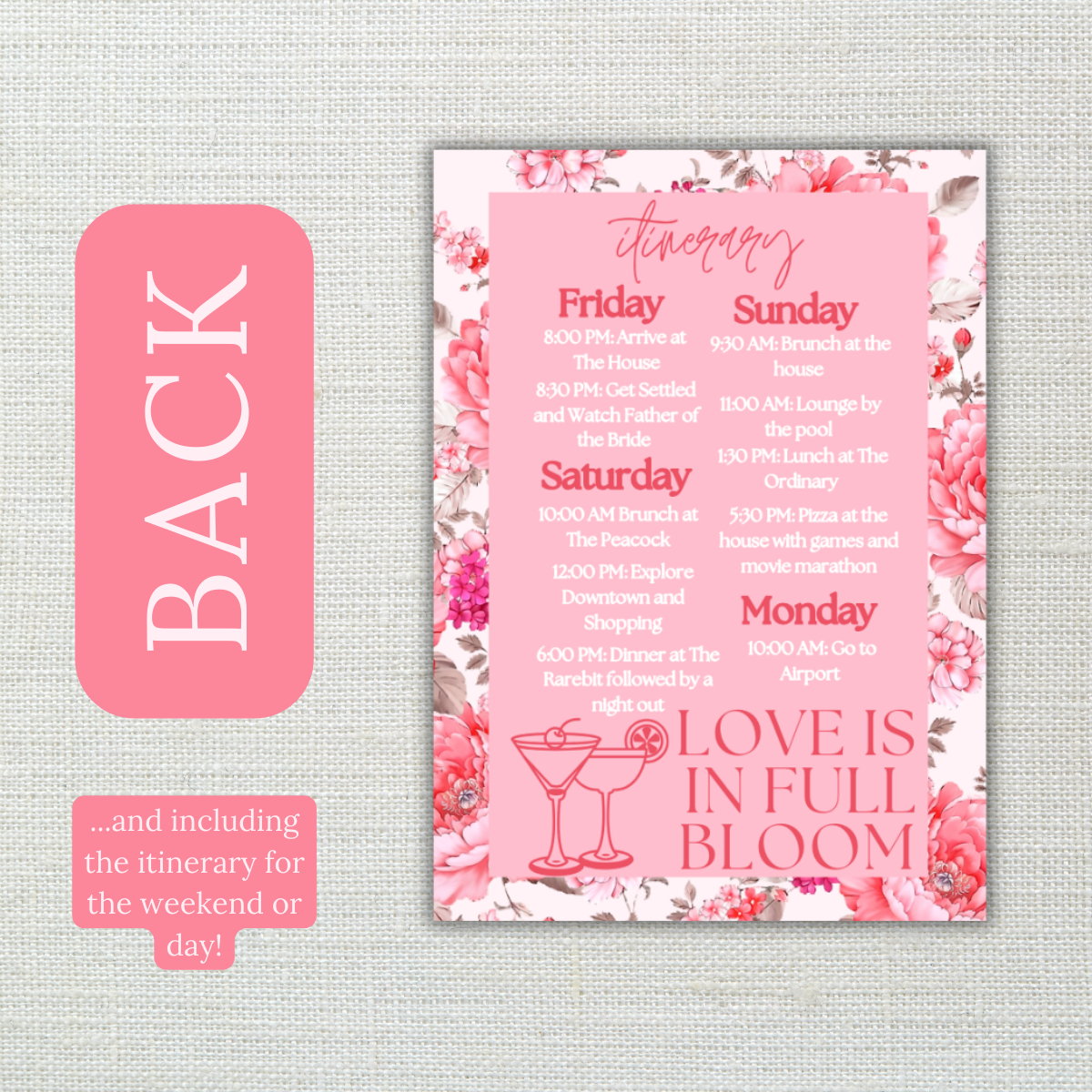 Petals and Prosecco Bachelorette Invitation with Itinerary and Outfit Inspiration Templates (Copy)