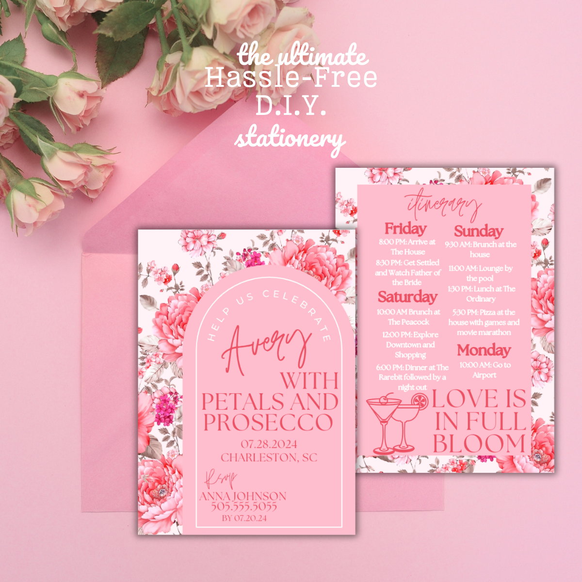 Petals and Prosecco Bachelorette Invitation with Itinerary and Outfit Inspiration Templates (Copy)