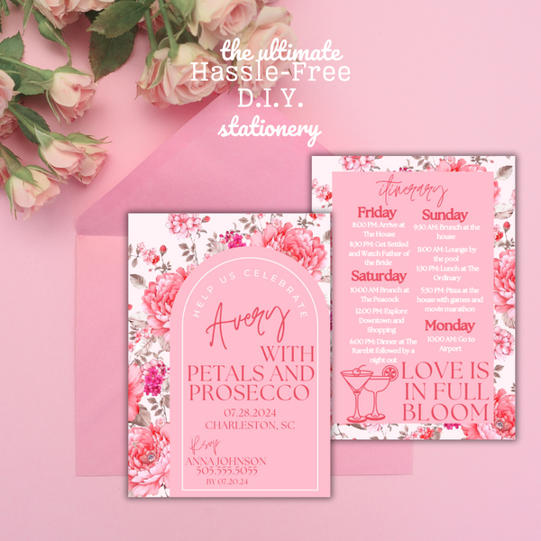 Petals and Prosecco Bachelorette Invitation with Itinerary and Outfit Inspiration Templates (Copy)