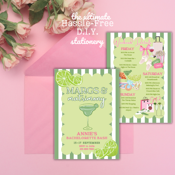 Margs and Matrimony Bachelorette Invitation with Itinerary and Outfit Inspiration Templates