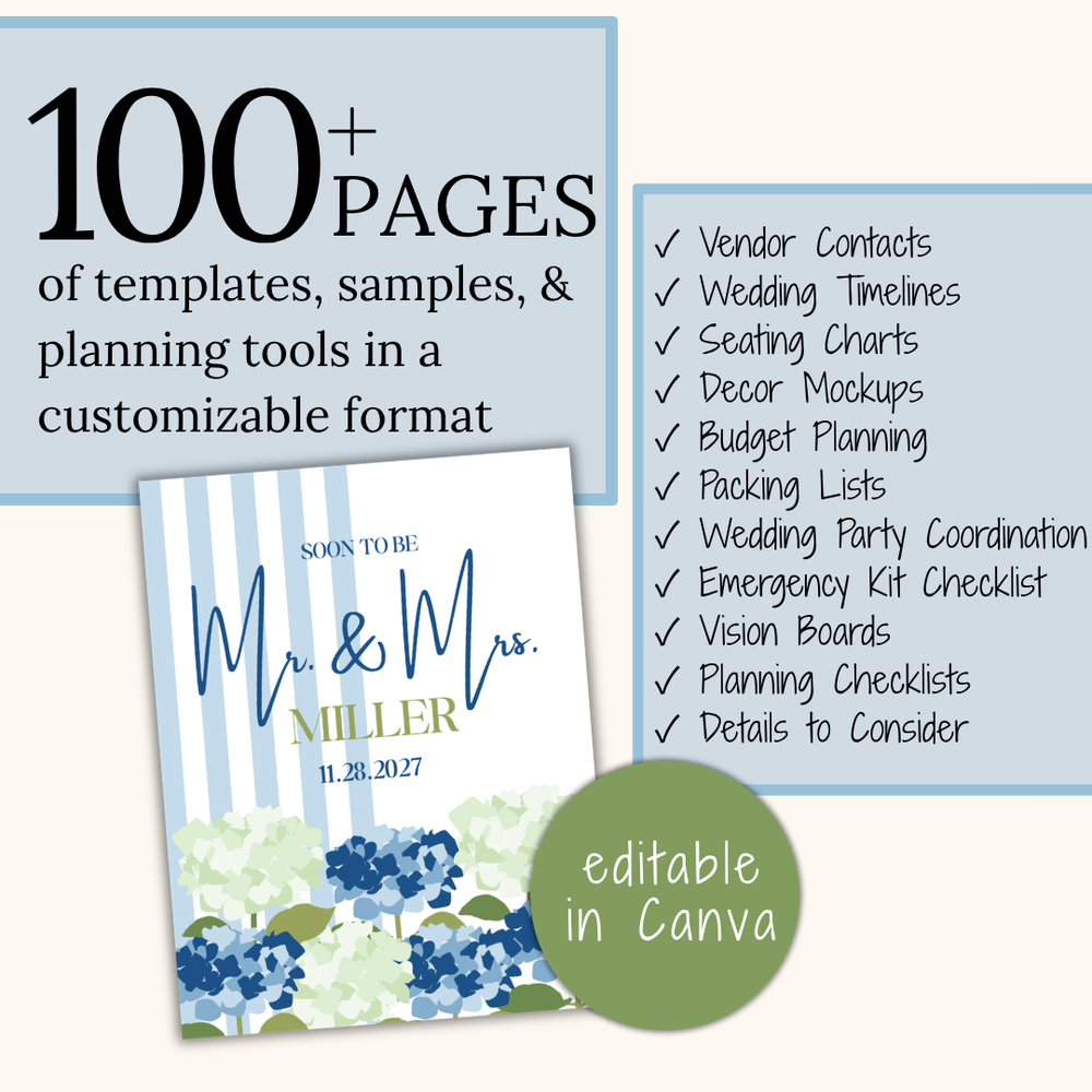 Ultimate Wedding Planning Binder Template- Hydrangeas & Stripes (Coastal Blue)