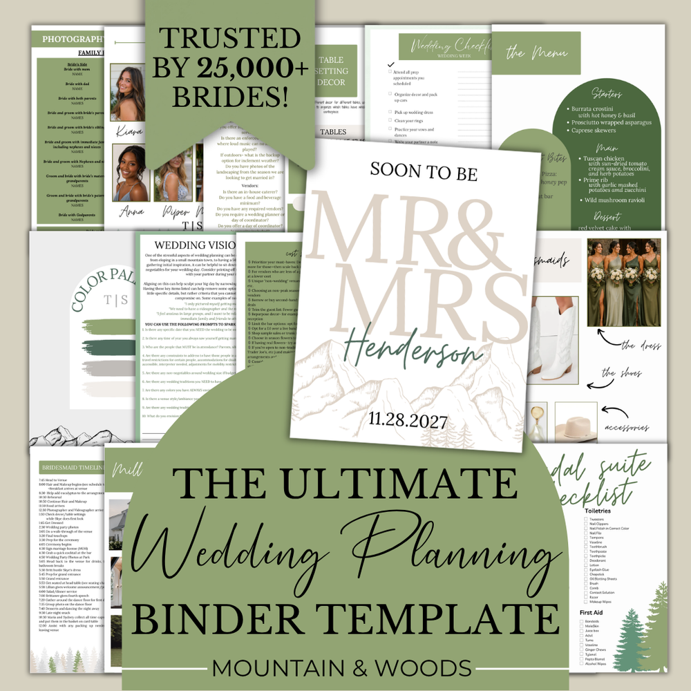 The Ultimate Wedding Planning Binder Template- Green Mountain and Woods Theme