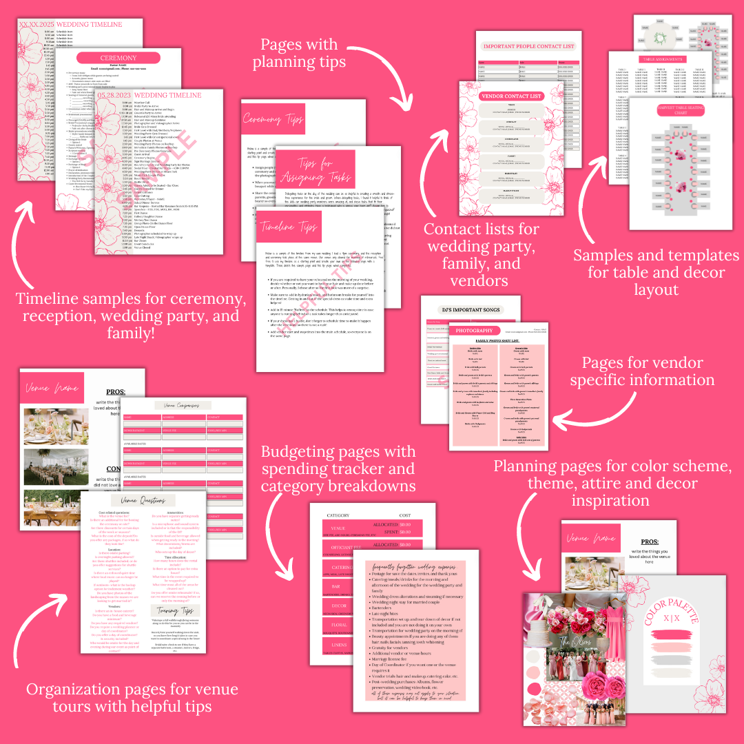 Ultimate Wedding Planning Binder Template- Bright Pink Floral