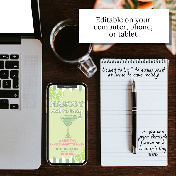 Margs and Matrimony Bachelorette Invitation with Itinerary and Outfit Inspiration Templates