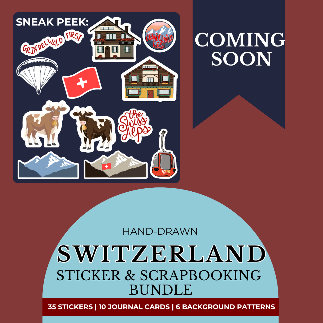 Switzerland Sticker & Scrapbooking Pack | Digital Download | 35 Hand-Drawn Stickers, 10 Journal Cards, and 5 Background Patterns