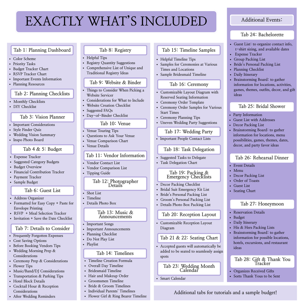 Ultimate Wedding Planning Spreadsheet-Purple