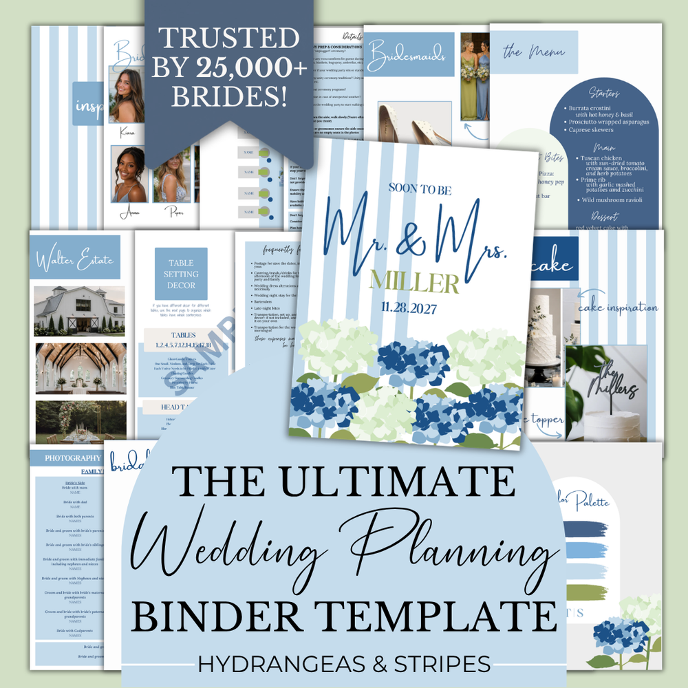 Ultimate Wedding Planning Binder Template- Hydrangeas & Stripes (Coastal Blue)