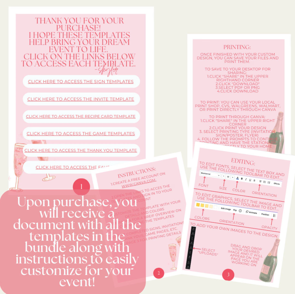 Bridal Shower Kit: "Petals and Prosecco" Customizable Digital Template | Pink | Floral | Recipe Cards | Bridal Shower Signs | Invitations