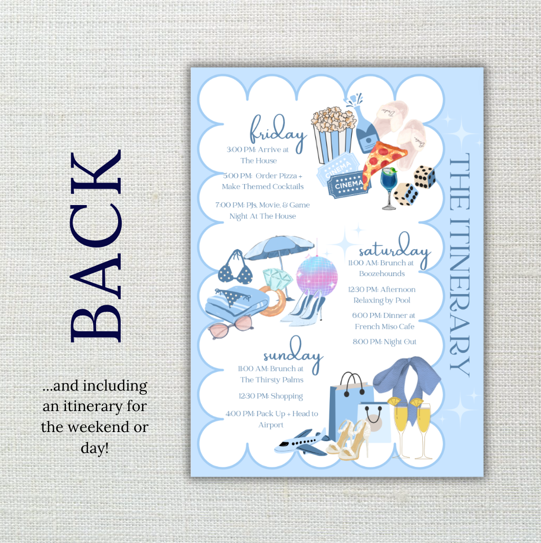 Something Blue Before "I DO" | Bachelorette Invitation with Itinerary and Outfit Inspiration Templates