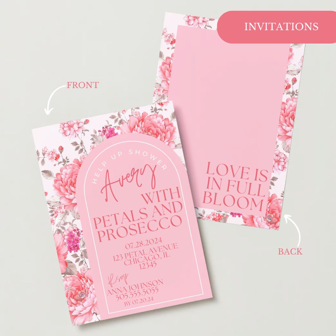 Bridal Shower Kit: "Petals and Prosecco" Customizable Digital Template | Pink | Floral | Recipe Cards | Bridal Shower Signs | Invitations