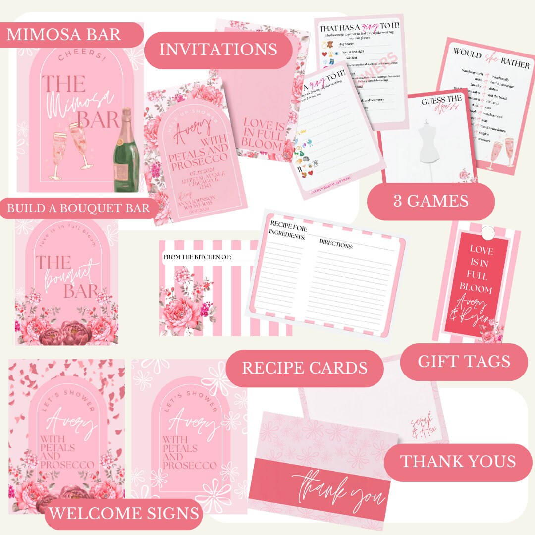 Bridal Shower Kit: "Petals and Prosecco" Customizable Digital Template | Pink | Floral | Recipe Cards | Bridal Shower Signs | Invitations