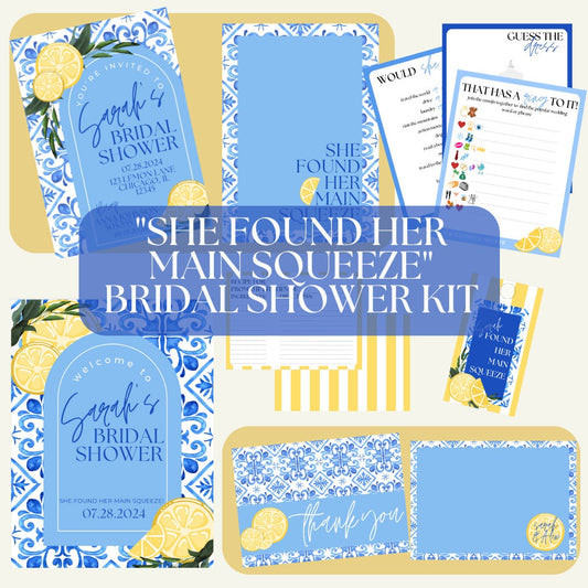 Bridal Shower Kit: "She Found Her Main Squeeze" Customizable Digital Template | Lemons | Yellow and Blue | Recipe Cards | Bridal Shower Sign