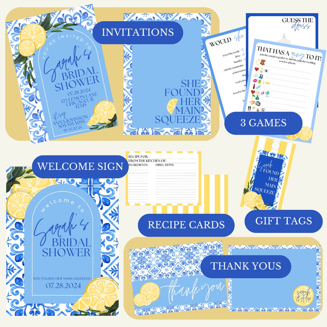 Bridal Shower Kit: "She Found Her Main Squeeze" Customizable Digital Template | Lemons | Yellow and Blue | Recipe Cards | Bridal Shower Sign