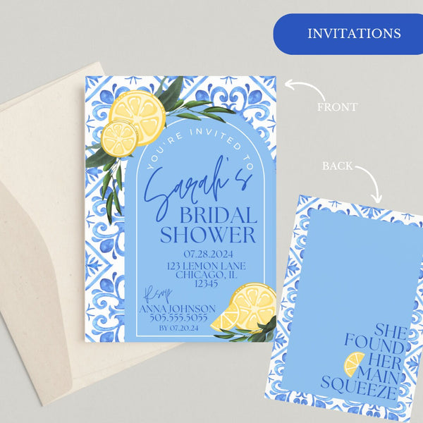 Bridal Shower Kit: "She Found Her Main Squeeze" Customizable Digital Template | Lemons | Yellow and Blue | Recipe Cards | Bridal Shower Sign