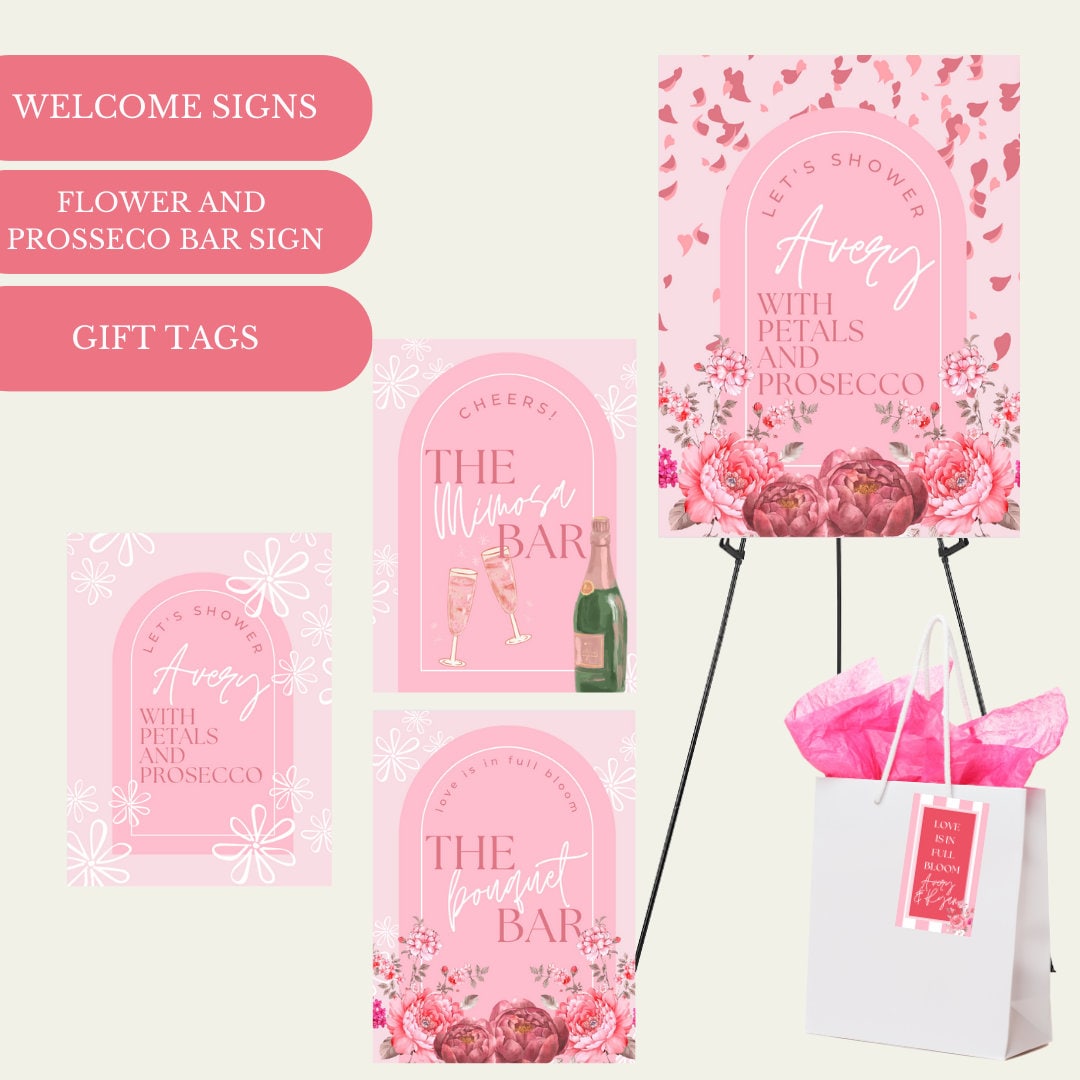 Bridal Shower Kit: "Petals and Prosecco" Customizable Digital Template | Pink | Floral | Recipe Cards | Bridal Shower Signs | Invitations