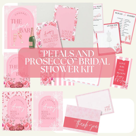 Bridal Shower Kit: "Petals and Prosecco" Customizable Digital Template | Pink | Floral | Recipe Cards | Bridal Shower Signs | Invitations