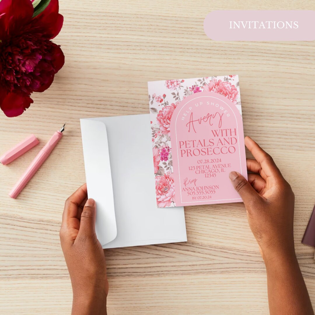 Bridal Shower Kit: "Petals and Prosecco" Customizable Digital Template | Pink | Floral | Recipe Cards | Bridal Shower Signs | Invitations