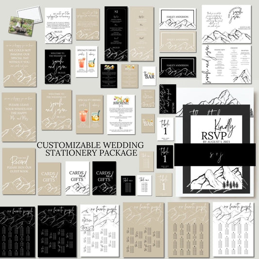 Wedding Stationery Bundle: Modern Mountains (Customizable Canva digital download)